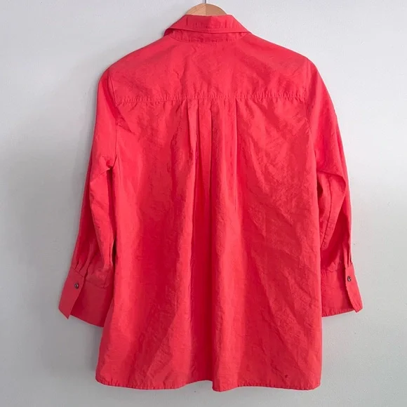 Ali Miles Crinkled Button Front Blouse Bright Coral Pink Collared Women’s Small‎ - Picture 8 of 10
